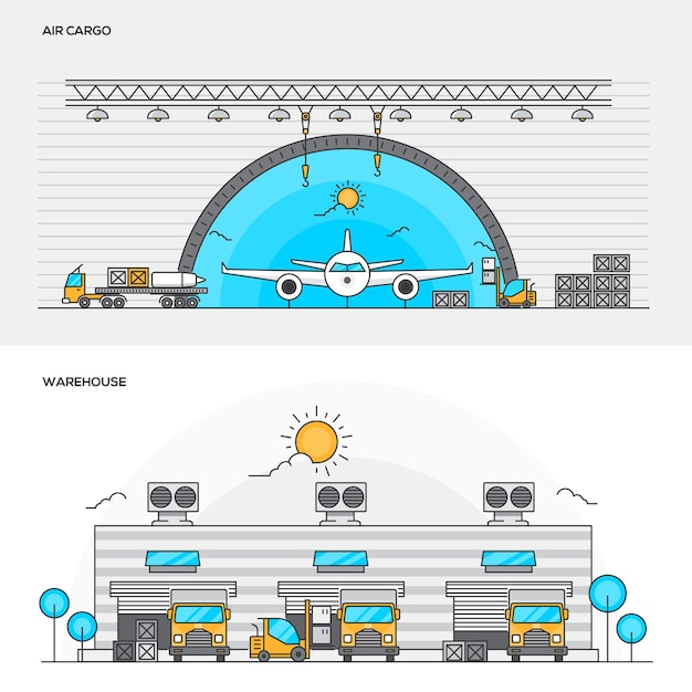 Illustrazioni di merci aviotrasportate e magazzino