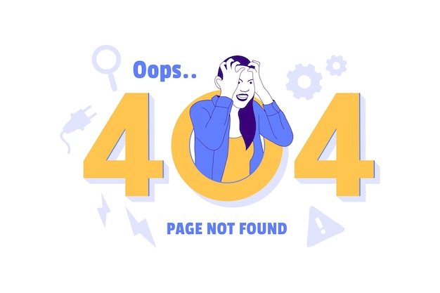 Illustrations of angry woman for Oops 404 error design concept landing page