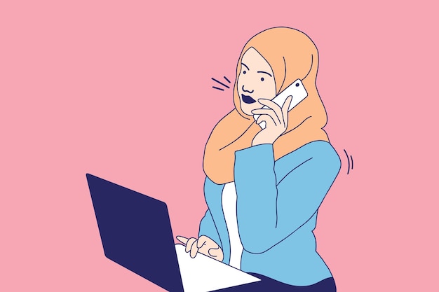 美しいビジネスのイスラム教徒の女性のイラストは、ノート パソコンと携帯電話を持って家から仕事します。