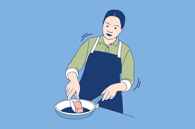 Illustrations Beautiful chef woman toasting and making barbecue