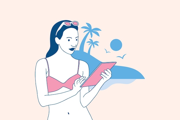 삽화 아름다운 디지털 유목민 여성은 해변 디자인 컨셉에서 노트북으로 작업하는 것을 즐깁니다.