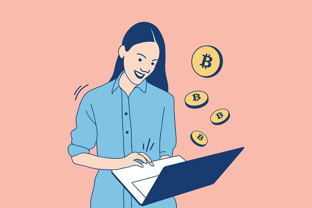 ビットコイン取引の暗号通貨にラップトップを使用する美しい女性トレーダーのイラスト