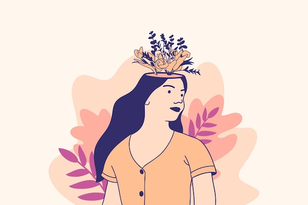 Vector illustrations of beautiful flower inside female head for world mental health day design concept