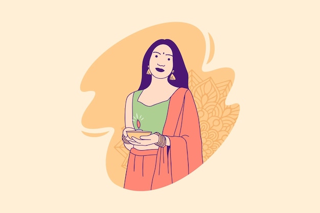 디왈리 데이 디자인 컨셉을 위해 디야 램프를 들고 있는 아름다운 인도 여성의 삽화