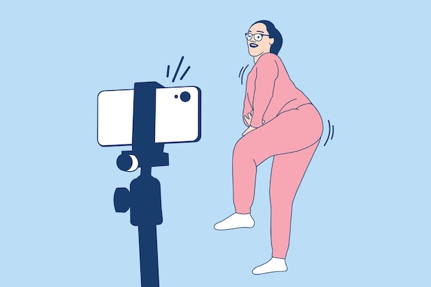 Illustrations Beautiful influencer woman enjoy recording dancing video with smartphone for tiktok