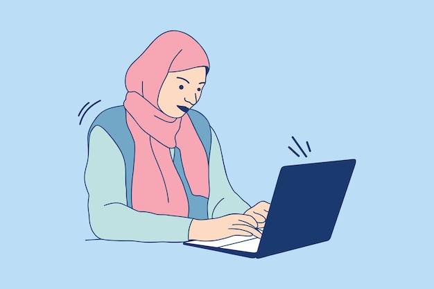 Illustrations of Beautiful modern teenagers muslim students working with laptop