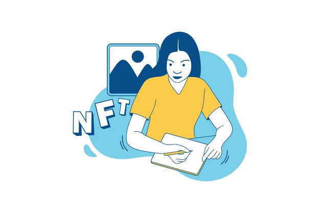 Illustrations Beautiful NFT creator girl drawing NFT art with a tablet design concept