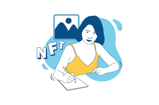 Иллюстрации Красивая девушка-создатель NFT рисует искусство NFT с концепцией дизайна планшета