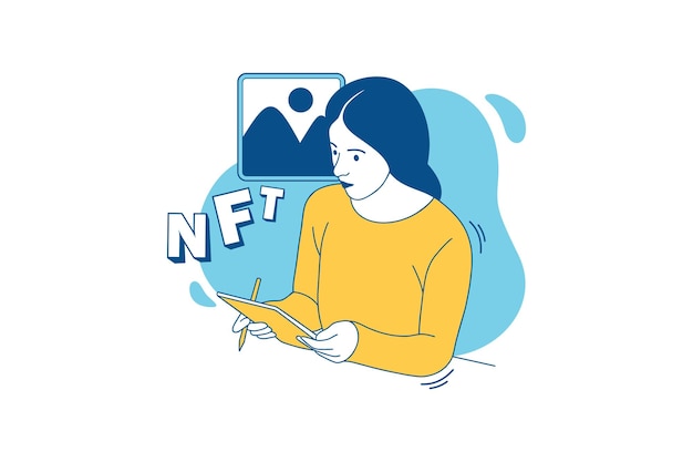 Illustrations Beautiful NFT creator girl drawing NFT art with a tablet design concept