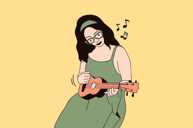 벡터 삽화 우쿨렐레를 연주하는 아름다운 미소 여성
