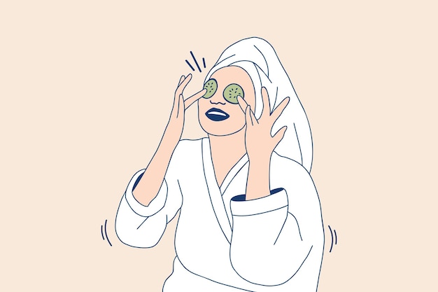 Illustrations Beautiful woman in bathrobe applying a natural facial mask cucumber slices on face