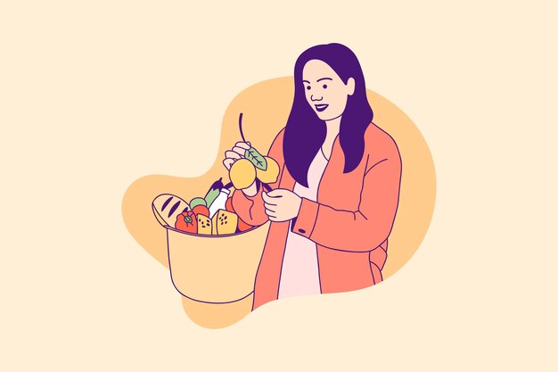 Vector illustrations of beautiful woman holding picnic basket food for world food day design concept