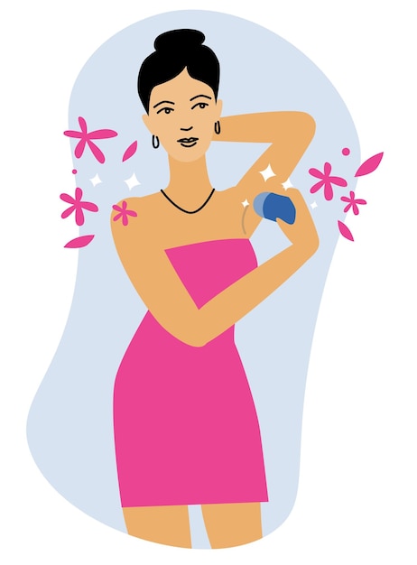 Vector illustrations of beautiful woman using antiperspirant protection against sweat
