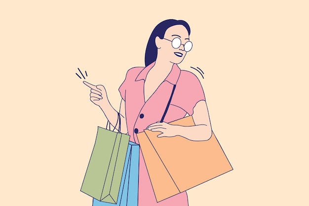 Illustrations of Beautiful young girl smiling with holding shooping bags after shooping in the mall