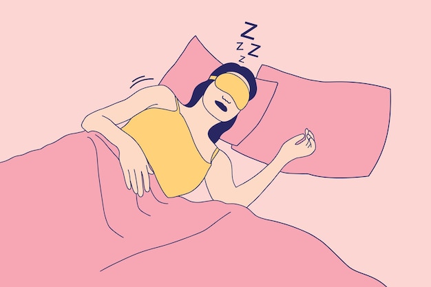 Vector illustrations of beautiful young girl with sleep mask taking a nap in the bed