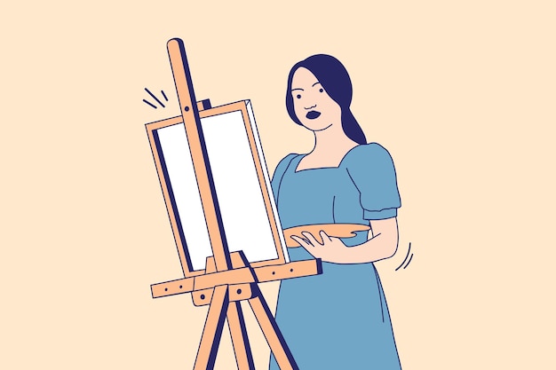 illustrations beautiful young woman artist holding a palette in painting studio