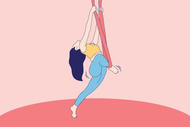빨간 해먹에서 반중력 공중 요가를 하는 아름다운 젊은 여성의 삽화