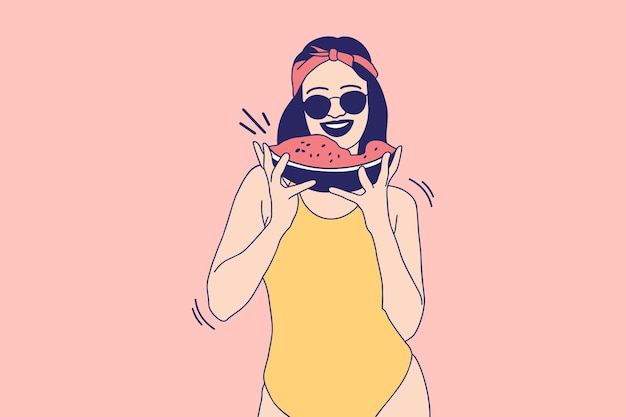 Vector illustrations of beautiful young woman eating a watermelon on the beach on summer vacation