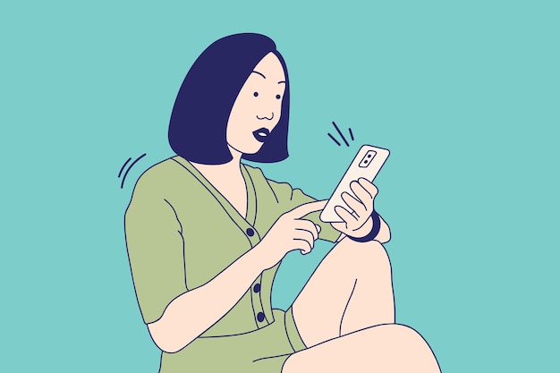 スマートフォンの中身にショックを受ける美しい若い女性のイラスト