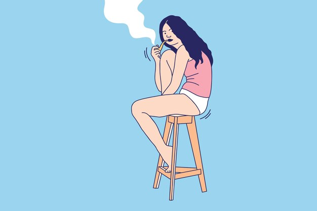 Illustrations of Beautiful young woman sitting enjoy smoking with tradition pipe