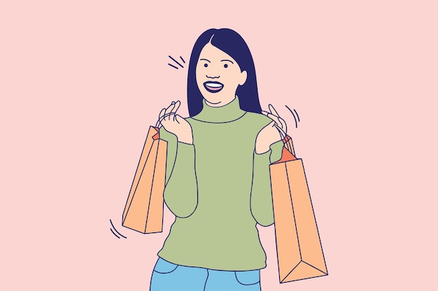 Vector illustrations of beautiful young woman smiling with holding shooping bags after shooping time