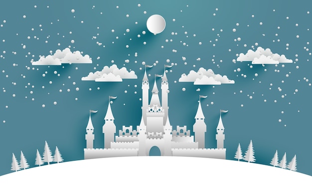 Vector illustrations big castle in winter for backgrounds, posters or wallpapers. paper art design