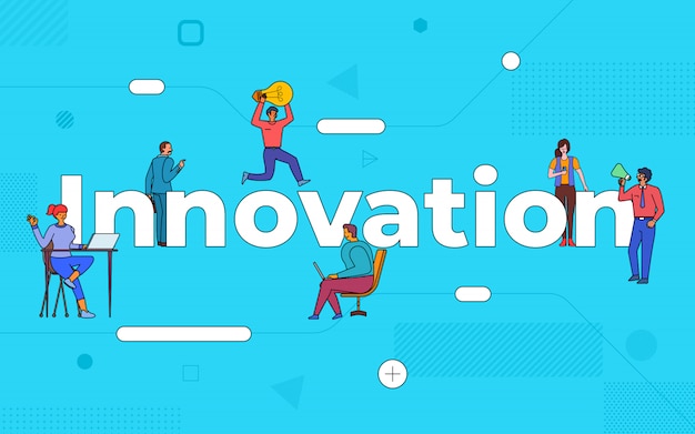 Il lavoro di squadra di affari delle illustrazioni crea il business innovativo lavorando insieme. innovazione del concetto di testo buildind. illustrare.