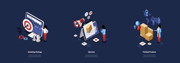 Illustrations In Cartoon 3D Style of Marketing Concept. Isometric Composition On Three Different Topics Commerce Strategy