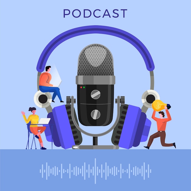 illustrations concept design podcast channel. Teamwork make podcasting.Studio microphone table broadcast people. Podcast radio .