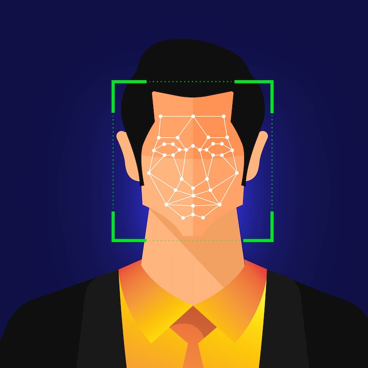 Vector illustrations concept facial recognition technology present with portrait closeup to face of human for scan.  for banner website publisher or magazine.  illustrate.