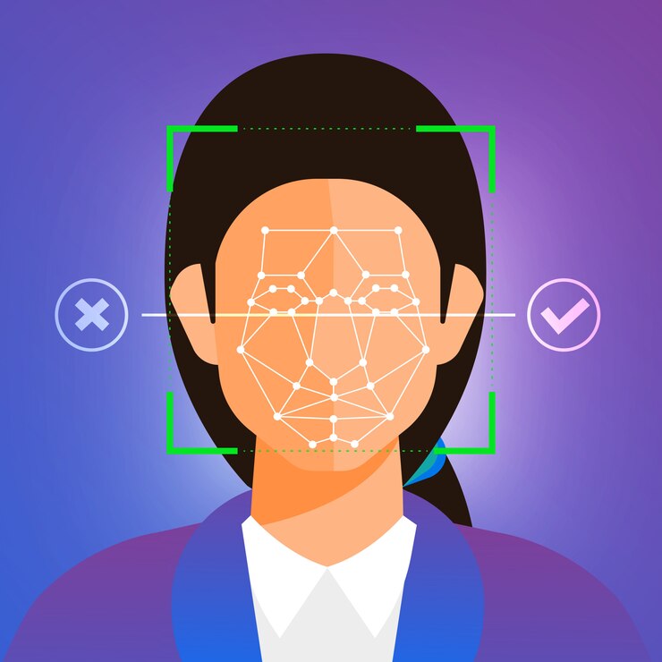 Vector illustrations concept facial recognition technology present with portrait closeup to face of human for scan.  for banner website publisher or magazine.  illustrate.