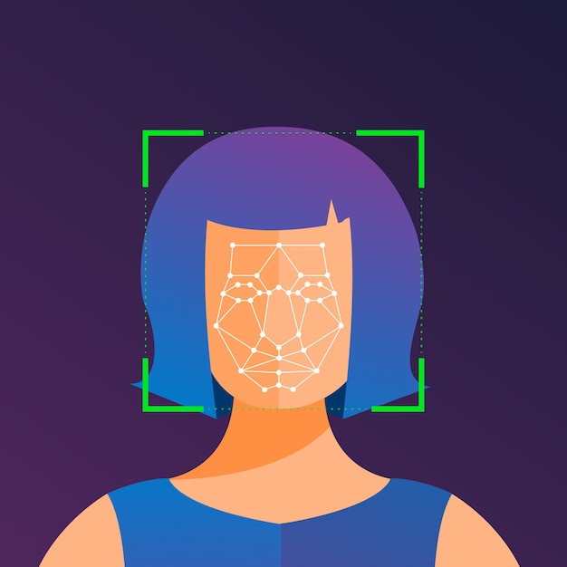 Vector illustrations concept facial recognition technology present with portrait closeup to face of human for scan.  for banner website publisher or magazine.  illustrate.