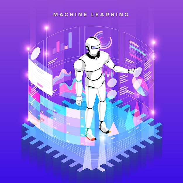 Illustrations concept machine learning via artificial intelligence with technology analysis data and knowledge .  isometric .