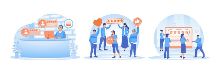 Vector illustrations depicting customer feedback ratings and online reviews interaction