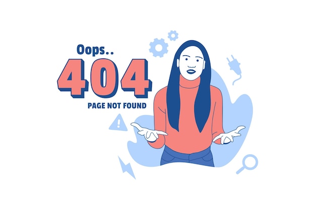Oops 404 오류 디자인 컨셉 랜딩 페이지에 대한 감성적인 여성의 삽화