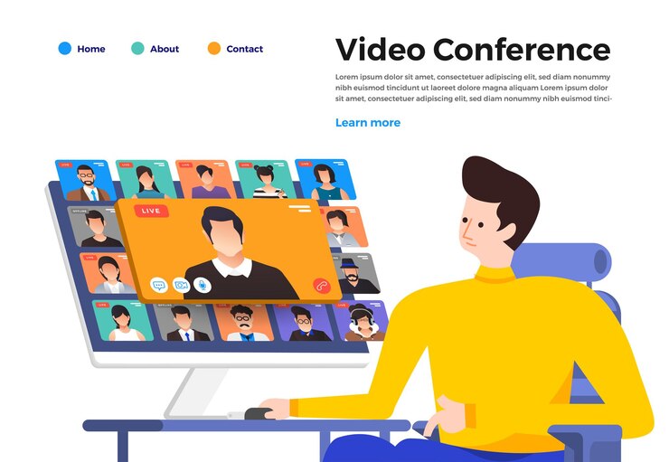 Vector 삽화 평면 디자인 컨셉 화상 회의. 온라인 회의 작업 양식 집. 전화 및 라이브 비디오.