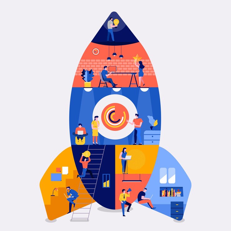 Vector イラストフラットデザインコンセプト作業スペースビルロケットlikestartupcompany