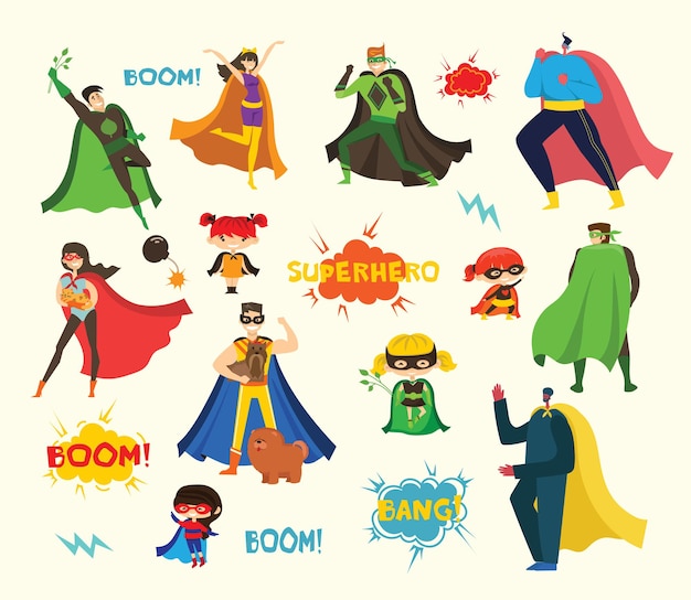 Illustrations in flat design of female and male superheroes in funny comics costume