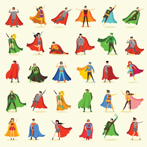  illustrations in flat design of female and male superheroes in funny comics costume