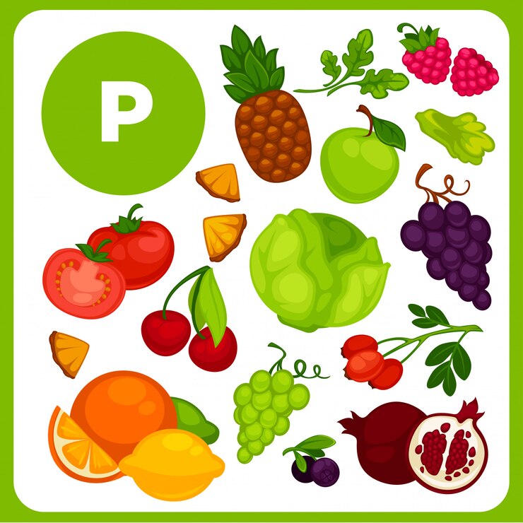 Vector illustrations of food with vitamin p.