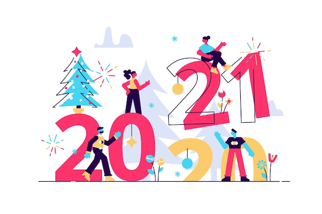 Vector illustrations little people get ready for the new year are engaged in decoration the inscription new year  replaces