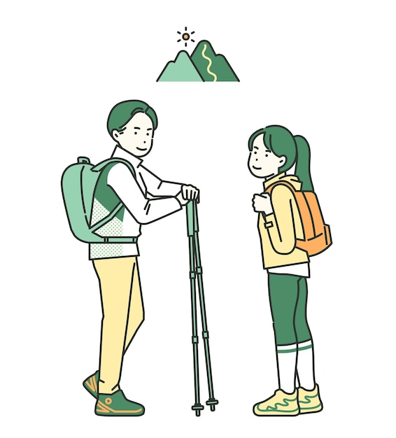 Vector illustrations of men and women in mountaineering suits