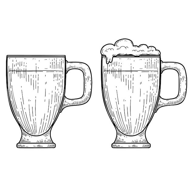 Vector illustrations of mug of beer in engraving style design element for logo label emblem sign vector illustration