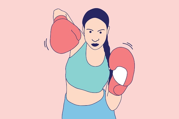 ボクシング グローブでパンチを投げる美しいボクサー女性のイラスト