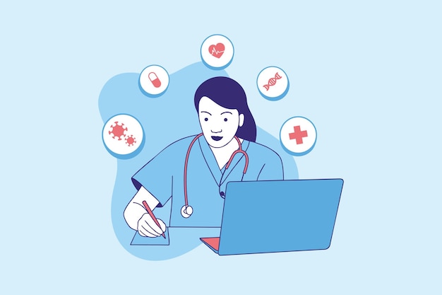 원격 의료 디자인 컨셉을 위한 온라인 아름다운 여성 의사의 삽화