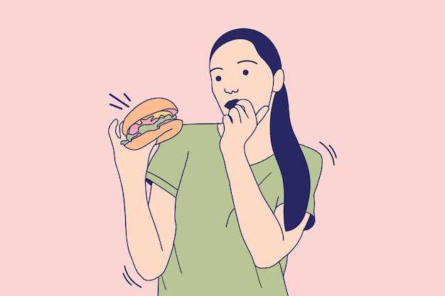 ベクトル 屋外でハンバーガーを食べる美しい若い女性のイラスト