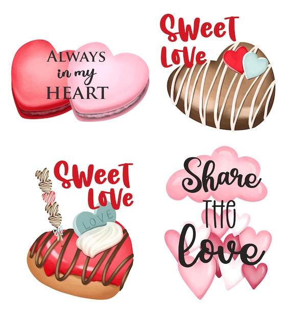 Иллюстрации сладких десертов с надписями о любви
