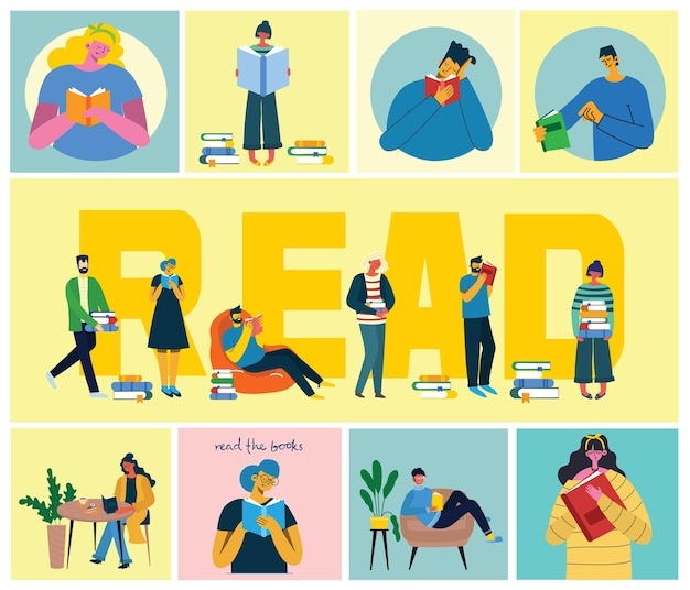 벡터 세계 도서의 날, 책을 읽는 사람들의 삽화