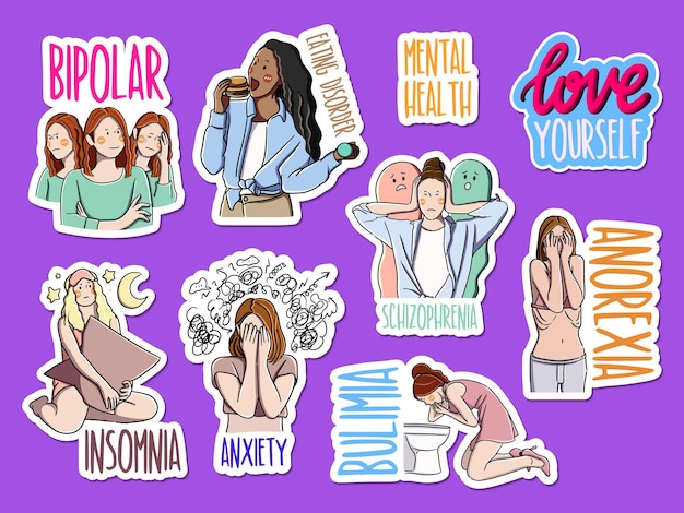 Illustrations of people with mental health problems sticker collection