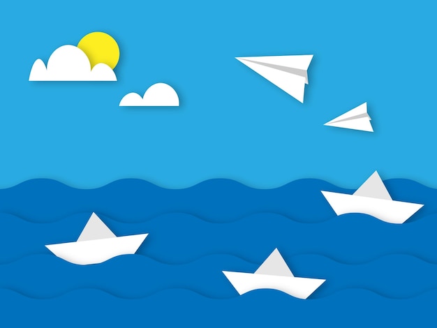 Vector illustrations of the sea paper boats paper airplanes and the sun in papercut style